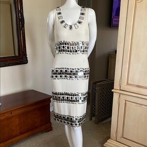 Tory Burch Vintage SIlk Embellished Scoop Neck & Striped Sheath Midi Dress 4NWOT